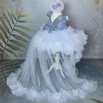 Пыльно-голубые платья для девочек в цветочек для свадебного наряда, детские праздничные платья, платье для первого причастия из тюля с оборками