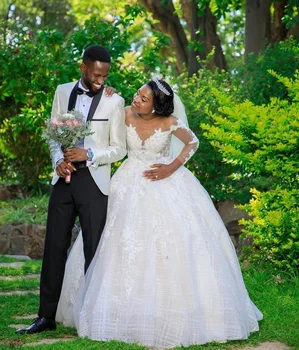 Свадебное платье принцессы с длинными рукавами и кружевными аппликациями, прозрачное платье невесты с круглым вырезом и корсетом на спине, свадебные платья