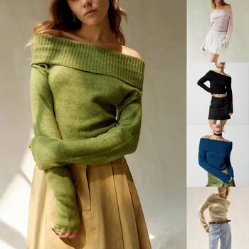 Трикотажные изделия в рубчик, укороченные топы для женщин, свитер с открытыми плечами, джемпер, рубашка, уличная одежда