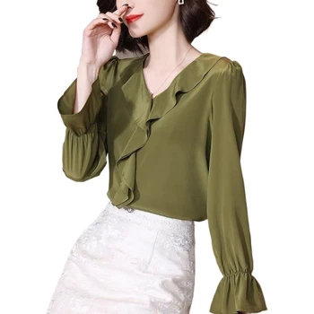 Корейские шифоновые топы с оборками, Высококачественная элегантная блузка из искусственного шелка, Весенние Женские модные атласные рубашки с длинными рукавами.