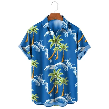 Модные мужские рубашки HX, Повседневная рубашка с 3D-принтом Hawaii Polynesian Coconut Tree Waves, пляжная рубашка с коротким рукавом, майки
