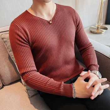 Роскошный однотонный свитер с V-образным вырезом премиум-класса для мужчин, осенне-зимний корейский модный повседневный теплый облегающий вязаный пуловер, топ