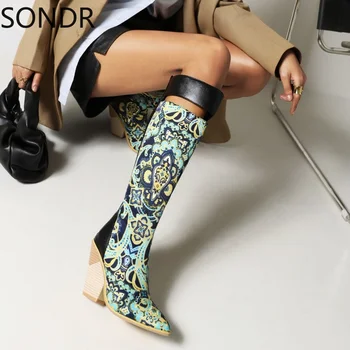 Женские сапоги до колена с острым носком, подходящие по цвету, на высоком массивном каблуке, сшитые ремнем Туфли из искусственной кожи в западном стиле, большие размеры 46 47 48